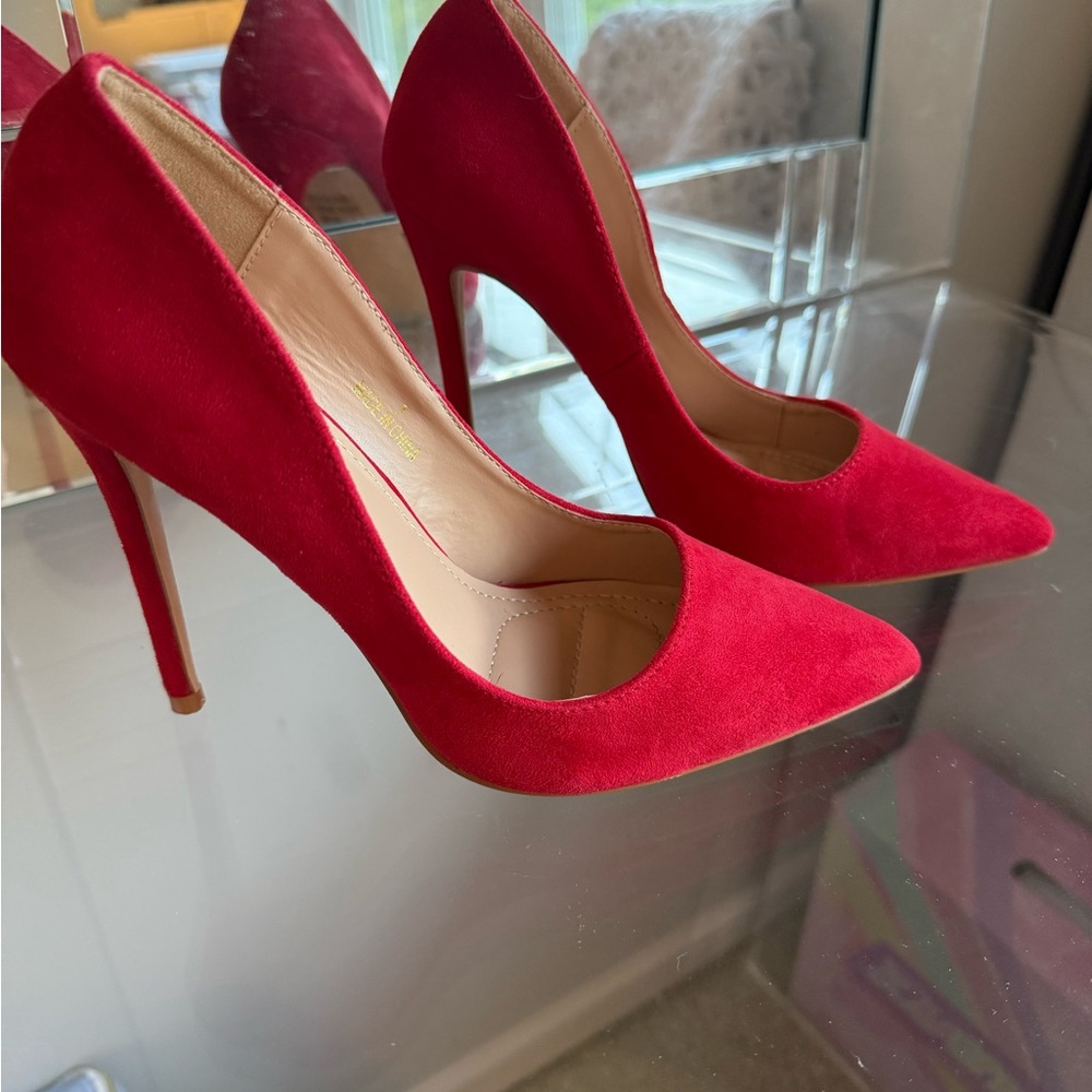 Red Suede Pointed-Toe Heels